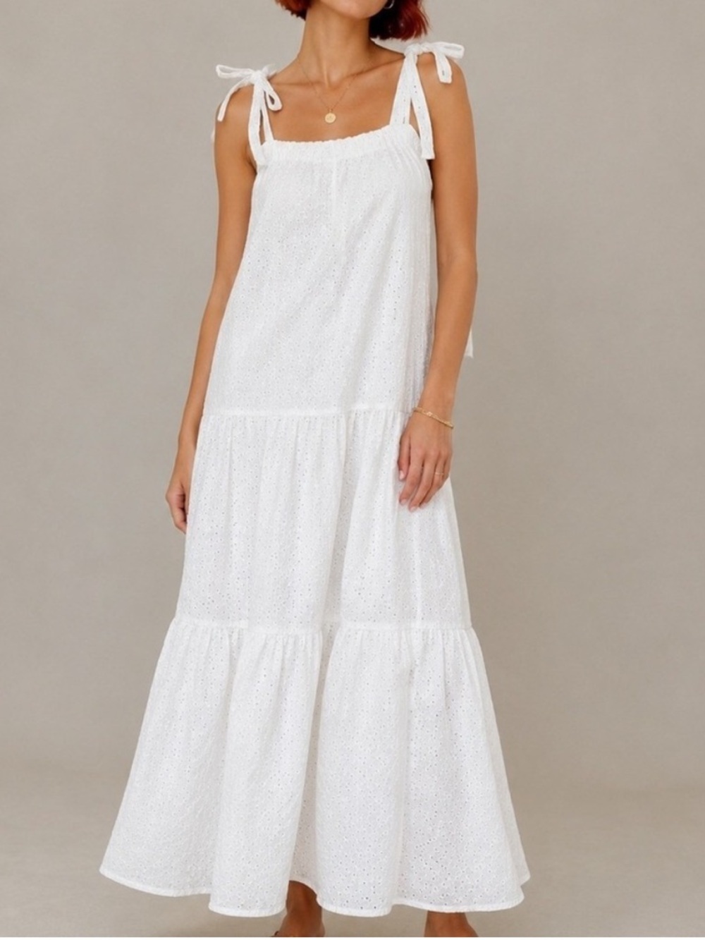 Victoria Dunn Sundress White Boho 100% Cotton Eyelet Tiered Maxi Dress cottage